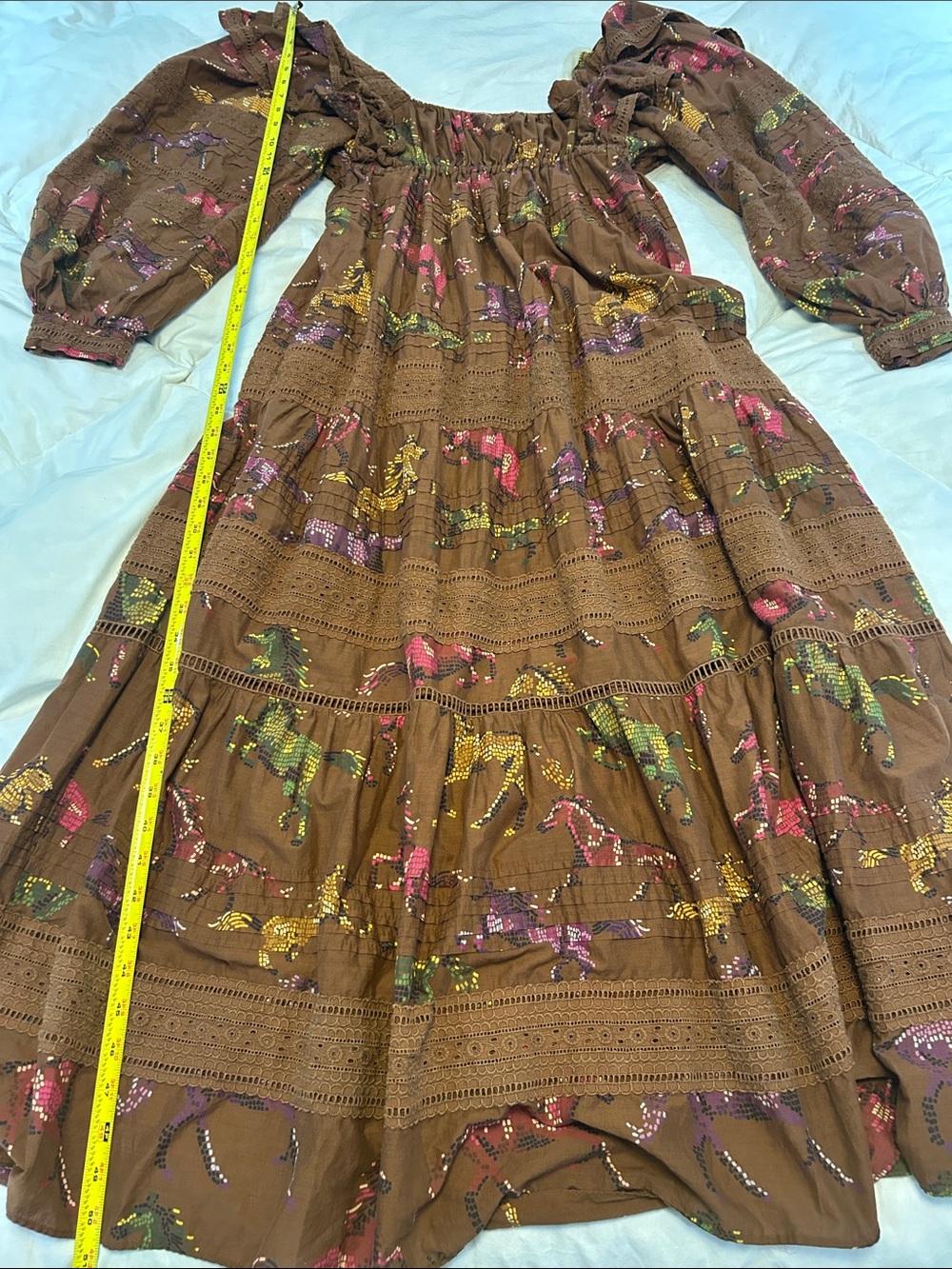 FARM Rio Brown Dotted Horses Ruffled Maxi Dress with Square Neckline. Size S - Picture 6 of 16